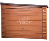 GARAŻ BLASZANY 3,5m x 6m poziom - spad w prawo - 2x Brama uchylna - jasny orzech - drewnopodobny TS287 3,5x6