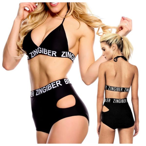 STRÓJ KĄPIELOWY WYSOKI STAN PASKI KOSTIUM Z NAPISAMI WYCIĘCIA WIĄZANY S zdjęcie 1