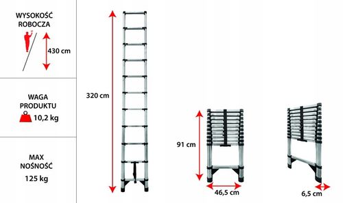Drabina teleskopowa 11 stopni przystawna składana antypoślizgowa 3,2 m na Arena.pl