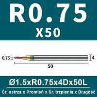 Frez kulowy, kula 2-ostrzowy VHM powłoka DLC Rozmiar: Ø1.5xR0.75x4Dx50L