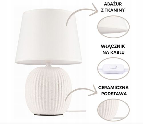 Lampka nocna z abażurem biała ceramiczna ryflowana DION D2 na Arena.pl