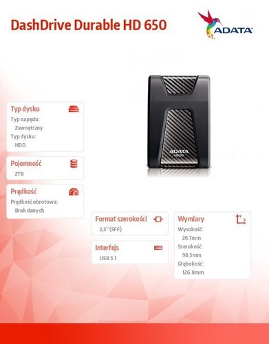 Adata DashDrive Durable HD650 2TB 2.5'' USB3.1 Czarny na Arena.pl