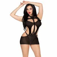 leg avenue mini dress & halter teddy black - komplet z siateczki i tiulu