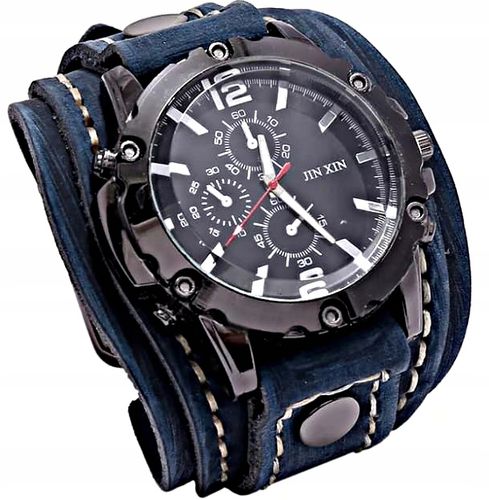 Czarny zegarek męski skórzany szeroki pasek retro casual duża tarcza MD na Arena.pl