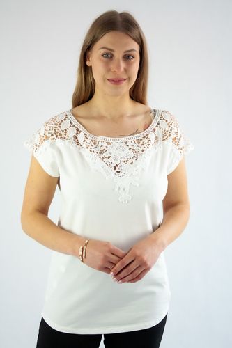 Bluzka krótki rękaw z kwiecistą koronką na ramionach A&B Biała L/XL na Arena.pl