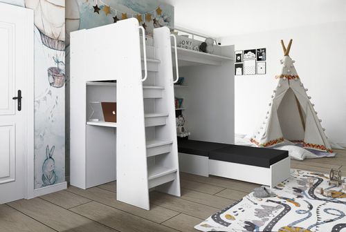 Łóżko piętrowe JSM7 z sofą i biurkiem biały mat + materac Cezar K1 na Arena.pl