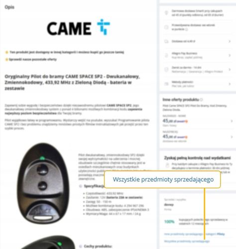 Pilot Came SPACE SP2 Pilot Do Bramy, Kod Zmienny, Zielona Dioda, ORYGINALNY na Arena.pl