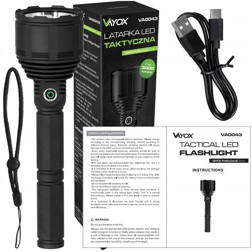 LATARKA LED TAKTYCZNA AKUMULATOROWA USB-C IPX7 XHP90 30W 3000lm PRO VAYOX na Arena.pl