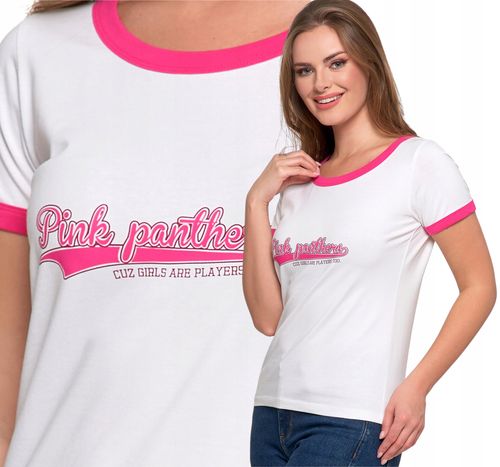 T-shirt Koszulka Damska Bawełna Slim Fit z Napisami Biło-Różowy MORAJ - S na Arena.pl