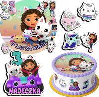 ZESTAW OPŁATEK NA TORT 20CM + 17 POSTACI - KOCI DOMEK GABI + IMIĘ 15CM 18CM