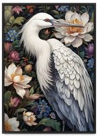 Plakat biały ptak w kwiatach w ramie 50x70 cm w czarnej ramie