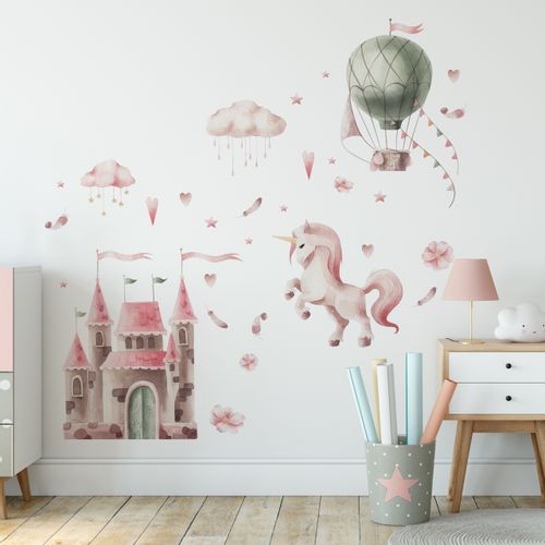 ZESTAW Naklejek DLA DZIECI Jednorożec Zamek Balon Chmurki 120cm x 60cm na Arena.pl