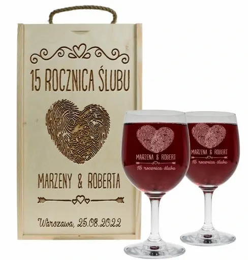 PREZENT NA ROCZNICĘ ŚLUBU SKRZYNKA PUDEŁKO NA WINO + DWA KIELISZKI GRAWER zdjęcie 5