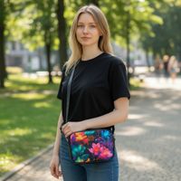 Torebka damska na ramię box prostokątny w Kwiaty - Czarna skóra eko