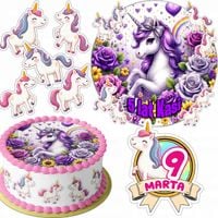 ZESTAW OPŁATEK NA TORT 20CM + 16 POSTACI - JEDNOROŻEC + IMIĘ 15CM 18CM