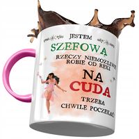 Kubek Różowy Dla Szefowej Na Cuda Trzeba Poczekać Z Nadrukiem Ze Zdjęciem