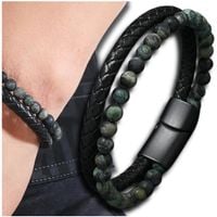 Bransoletka męska skóra naturalna kamienne zielone koraliki