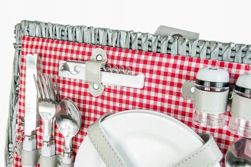 Duży kosz piknikowy z zestawem sztućców talerzy dla 4 osób biała wiklina na Arena.pl