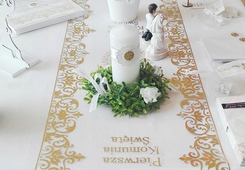 ORGANZA KOMUNIJNA komunia dekoracja stołu na stół bieżnik na komunię złoty na Arena.pl