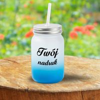 Kubek Mason Jar z mrożonego szkła z błękitnym dnem z Twoim nadrukiem