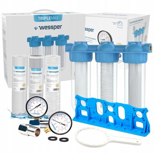 Filtr wody wstępny cały dom 3 stopniowy 1" + 6x wkłady + 2x ciśnieniomierz na Arena.pl