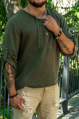 Męska koszula muślinowa na lato w zielonym wojskowym kolorze na Arena.pl