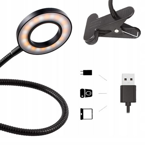 LAMPKA LED BIURKOWA KLIPS DO CZYTANIA USB 3 ODCIENIE ŚWIATŁA REGULACJA 360 na Arena.pl