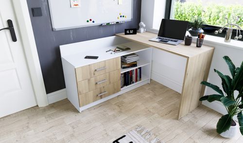 Funkcjonalne biurko narożne Omega w kształcie litery L - 3 szuflady na Arena.pl