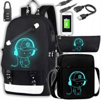 PLECAK SZKOLNY ŚWIECĄCY MŁODZIEŻOWY PIÓRNIK TORBA CZARNY DLA chłopca USB