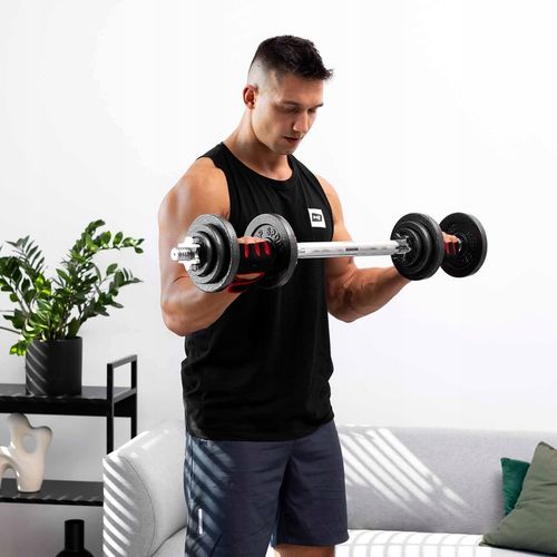 Hantle żeliwne 2x15kg zestaw z przedłużanym gryfem ryflowanym + zaciski na Arena.pl