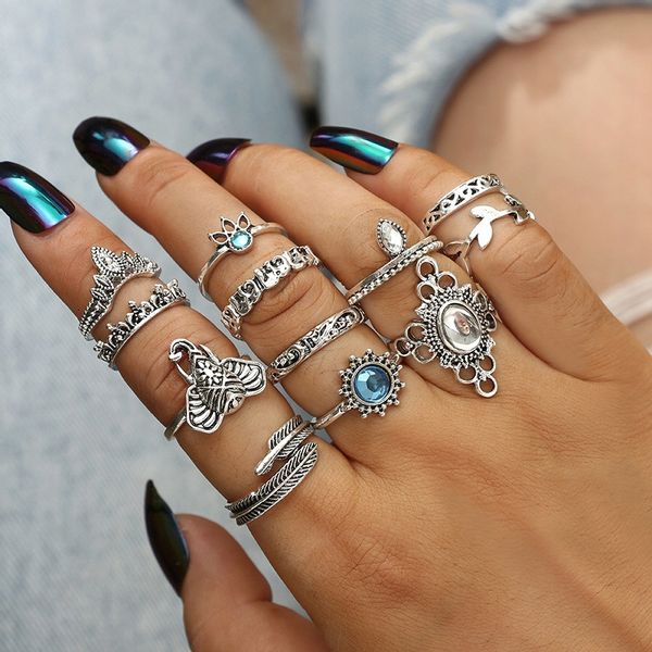 Srebrny ZESTAW PIERŚCIONKÓW RETRO PUNK BOHO 72 zdjęcie 4