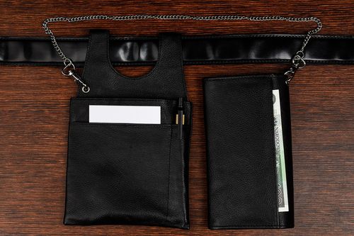 Czarny portfel i etui na portfel i łańcuch zestaw skórzany dla kelnera D01 na Arena.pl