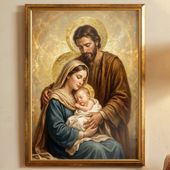 Obraz Święta Rodzina w Złotej Drewnianej Ramie Duży 50x70 Prezent na Ślub