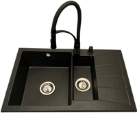 Zlewozmywak 1,5 komorowy z ociekaczem MILOS grafit z prawym ociekaczem + bateria NEXO + dozownik