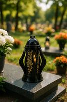 Duży znicz 35cm z pięknym motywem kwiatów nowy wzór ażurowy czarny złoty