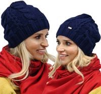 Granatowa Ciepła czapka damska dziana klasyczna zimowa jesienna A4