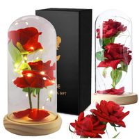 Wieczna róża kwiat w szkle w kopule na prezent lampkami LED w pudełku