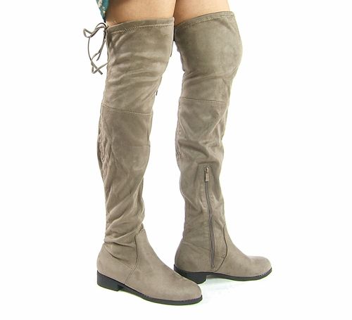 Kozaki za kolano na płaskim obcasie zamszowe khaki Rozmiar obuwia - 37 na Arena.pl