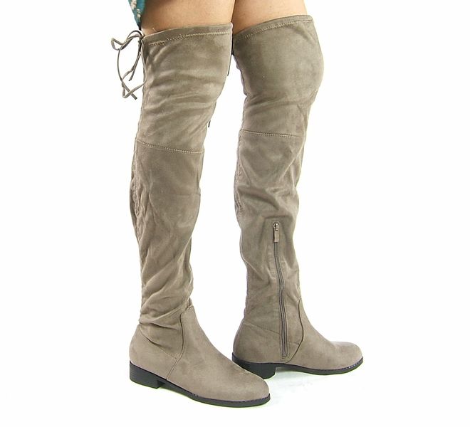 Kozaki za kolano na płaskim obcasie zamszowe khaki Rozmiar obuwia - 37 zdjęcie 2