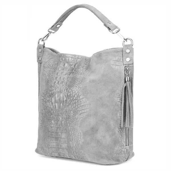 VERA PELLE torebka zamszowa worek kroko z paskiem na ramię V476 j.szara zdjęcie 1