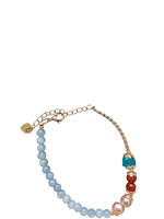 Regulowana bransoletka naturalne perły i akwamaryn pozłacana 14k