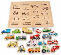 Duża Układanka drewniana edukacyjna z uchwytami Autka Dla rocznego dziecka