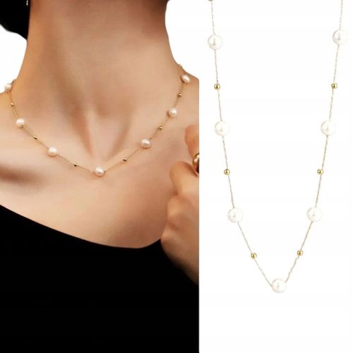 Naszyjnik Kolor Złoty Stal Nierdzewna Perły Perełki Klasyczny Elegancki na Arena.pl