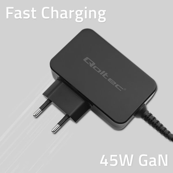 Qoltec Ładowarka GaN POWER PRO 1xUSB-C 45W 5-20V 2.25-3A Czarna zdjęcie 3
