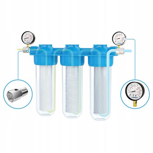 Filtr wody wstępny cały dom 3 stopniowy 1" + 6x wkłady + 2x ciśnieniomierz na Arena.pl