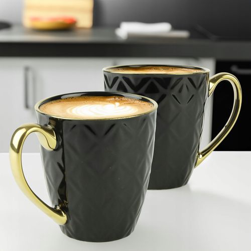 PORCELANOWY KUBEK NA KAWĘ HERBATĘ CZARNY ZDOBIONY ZE ZŁOTYM UCHEM 360ML na Arena.pl