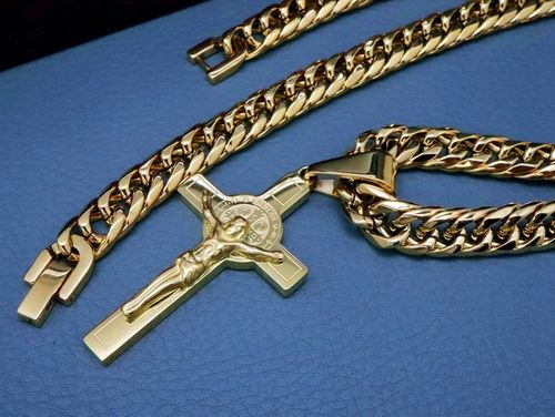 GRUBY ZŁOTY ŁAŃCUCH ŁAŃCUSZEK Z KRZYŻYKIEM STAL CHIRURGICZNA PREMIUM 9MM na Arena.pl