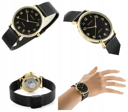 ZEGAREK DAMSKI PERFECT TINA +BOX +GRAWER cyfry bransoletka mesh złoty na Arena.pl