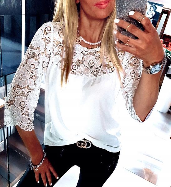 . BIAŁA BLUZKA ELEGANCKA Z KORONKĄ KOSZULA LUŹNA zdjęcie 2
