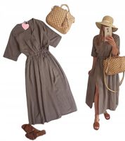 Sukienka muślinowa długa bawełna brązowa rozcięcie